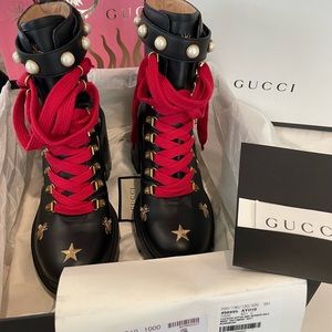 Gucci Leather Combat Ankle Boots size 40.5 with embroidery & pearl details